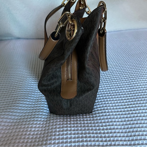 Michael Kors Fulton Large Signature Charm Hobo Shoulder Bag Tote Brown MK Logo - Picture 4 of 16